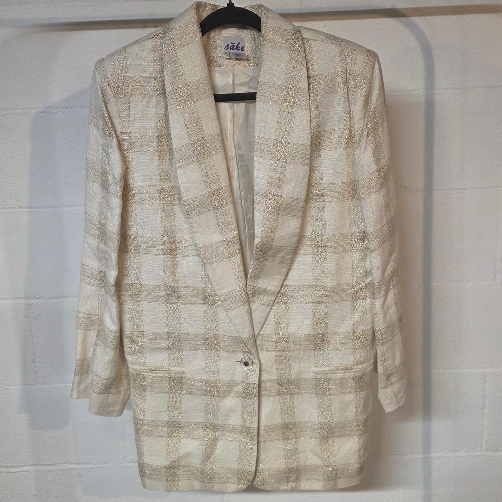 Vintage Sake‎ Large Cream Gold Plaid Blazer Linen Blend Neutral Classy Workwear